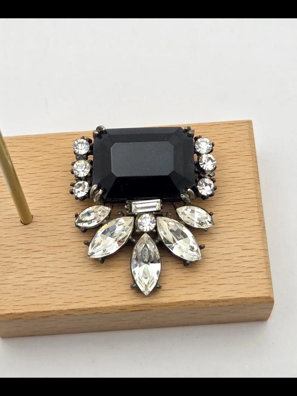 Vintage Black Glass Emerald Cut Rhinestone Brooch Pin Statement